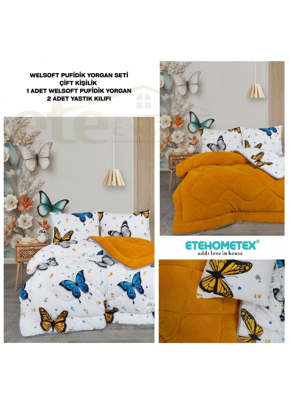 ETE HOMETEX ÇİFT KİŞİLİK LÜX WELSOFT YORGAN SETİ 195X215CM KELEBEK HARDAL 8696474232007